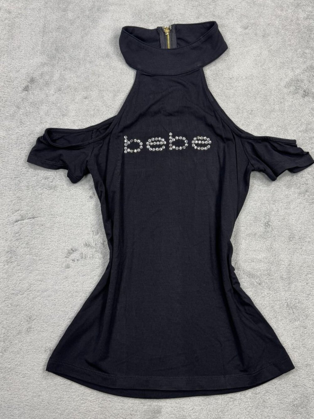 Y2K 2000s Bebe Rhinestone Logo Fitted Black Halterneck Top McBling Grunge Whimsy
